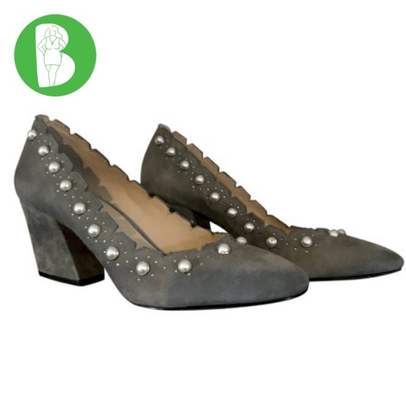 BOTKIER "HOLLY" GRAY SUEDE HEELS WITH FAUX PEARL BEADS  (7.5) - Picture 1 of 13